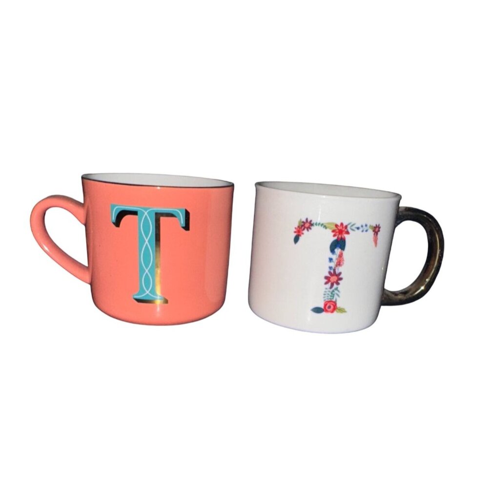 Opalhouse Monogram Stoneware Mug Set - Initial "T" - Floral & Coral Designs - 2-